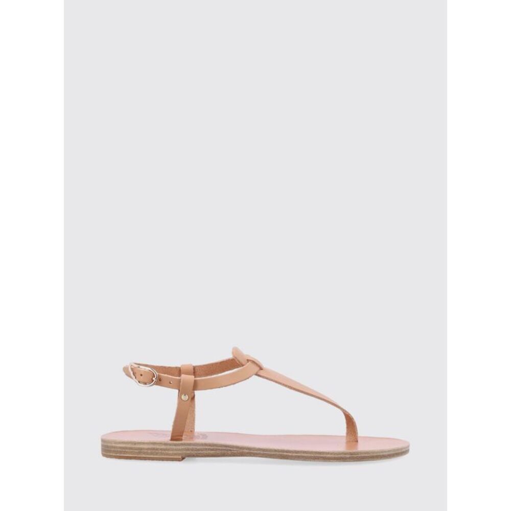 Ancient Greek Leather Low-Heeled Thong Sandals With Ankle Strap